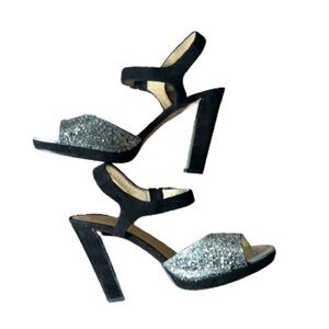 Kate Spade silver metallic glitter with black suede heels